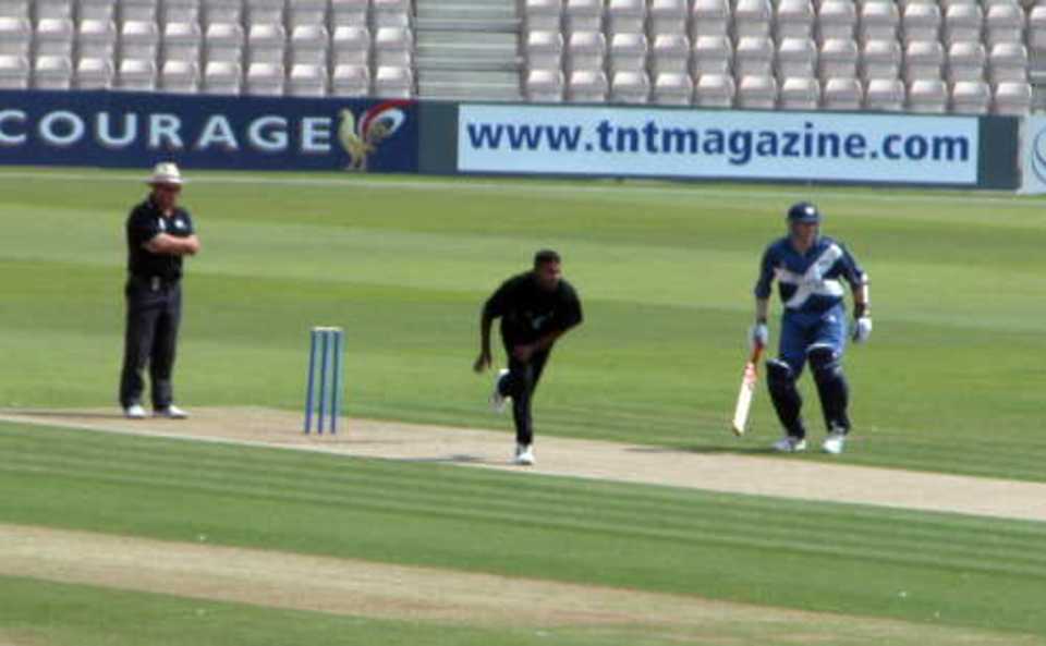 Chaminda Vaas bowls his first ball for Hampshire in the National League match against Scottish Saltires
