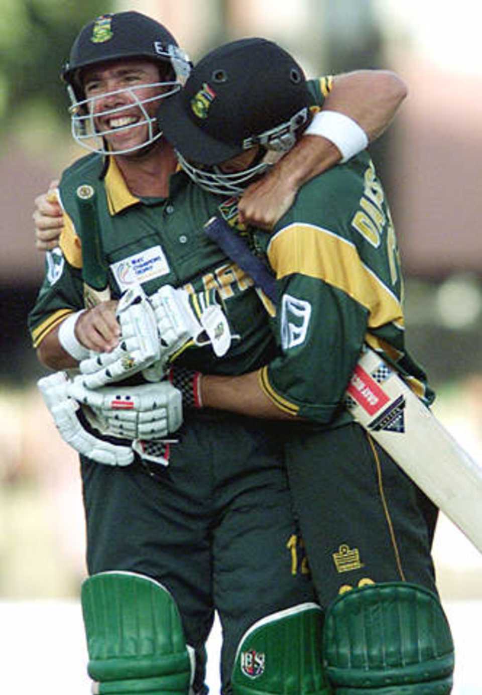 Nicky Boje and Alan Dawson celebrate the thrilling last-ball win at Colombo
