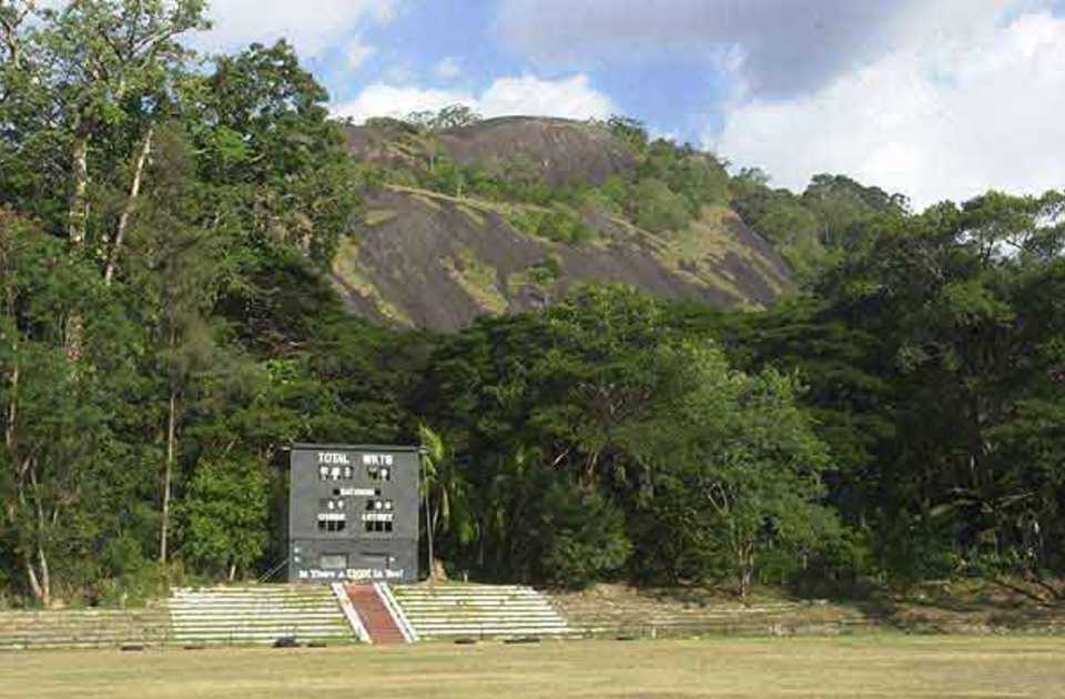 The main scoreboard with spectacular backdrop at the Welagedara Stadium in Sri Lanka