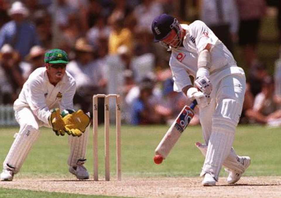 Alec Stewart hits out, first game of the Ashes tour v the ACB Chairman's XI 'keeper Campbell looks on England in Australia, 1998-99 ACB Chairman's XI v England XI Lilac Hill, Western Australia 29 October 1998