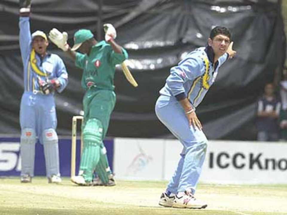 Yuvraj Singh appeals loudly in vain attempting to pick up a wicket on debut, ICC KnockOut, 2000/01, Preliminary Quarter Final, Kenya v India, Gymkhana Club Ground, Nairobi, 3 October 2000.