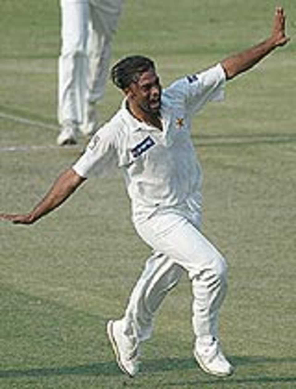 Shoaib Akhtar celebrates after scalping Paul Adams, Pakistan v South Africa 1st Test, Lahore, October 19 2003