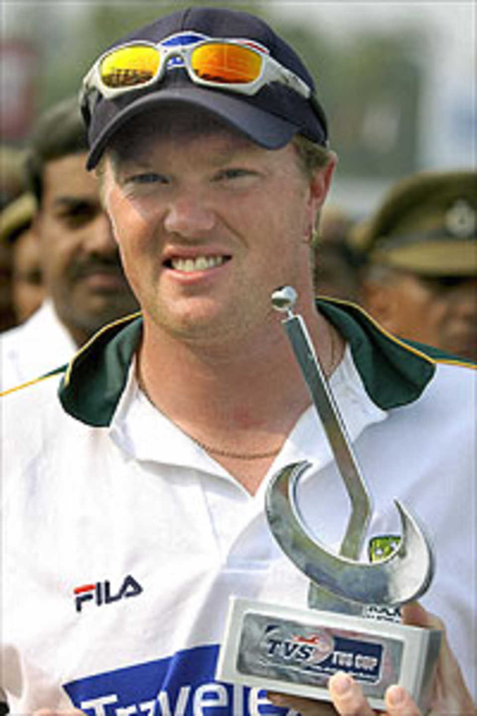 Australian bowler Brad Williams holds his man-of-the-match trophy, 29 October 2003, at the end of the One day International match between Australia and New Zealand in Faridabad. Australia's second-string pacemen Nathan Bracken and Brad Williams wrecked New Zealand to set up a spectacular eight-wicket win for the cricket world champions in the tri-series match between Australia, New Zealand and India. Williams took four wickets.