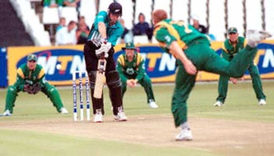 New Zealand captain Stephen Fleming plays against Pollack at the Kingsmead ground 1 November 2000