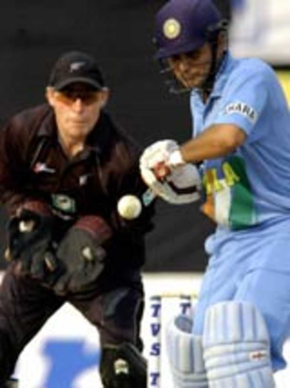 Sehwag cracks the ball away on course to 130 against New Zealand, TVS Cup, Hyderabad, November, 2003