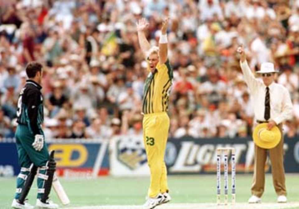 The fingers tell the story as Horne is out LBW to Warne for 31 ....Australia v New Zealand ODI, at the Adelaide Oval, Saturday December 7th 1997.