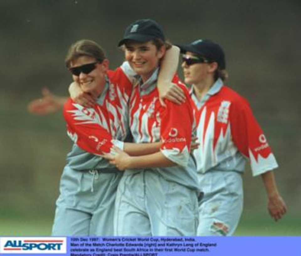 Women's world Cup, Hyderabad, England v RSA, 10 Dec 1997. Charlotte Edwards (centre, MoM) and  Kathryn Leng celebrate a wicket.