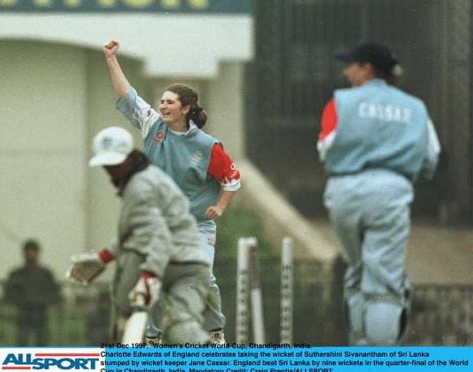 Women's World Cup, 1997,  England v Sri Lanka quarter final. Charlotte Edwards celebrates the stumping of Sivanantham