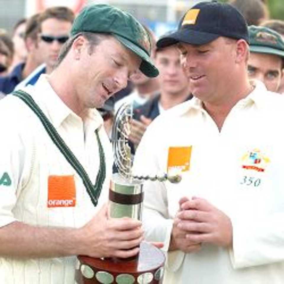 04 Dec 2001: Steve Waugh for Australia inspects the Trans-Tasman Trophy after retainingit in a drawn series against New Zealand played at the WACA ground Perth, Australia.