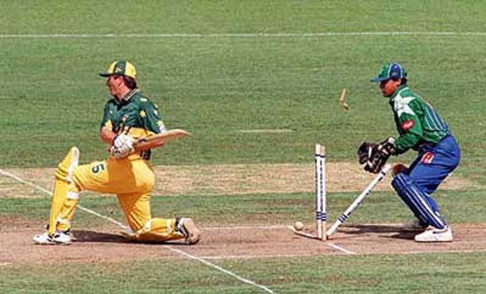 Steve Waugh is bowled for 42