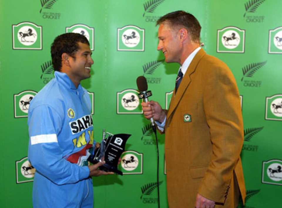 Indian player Sachin Tendulkar is interviewed by television commentator Gavin Larsen after receiving the man of the match award for his performance of innings of 72 and five, and bowling figures of 5-55 from four overs. Super Max International: New Zealand v India at Jade Stadium, Christchurch, 4 December 2002.