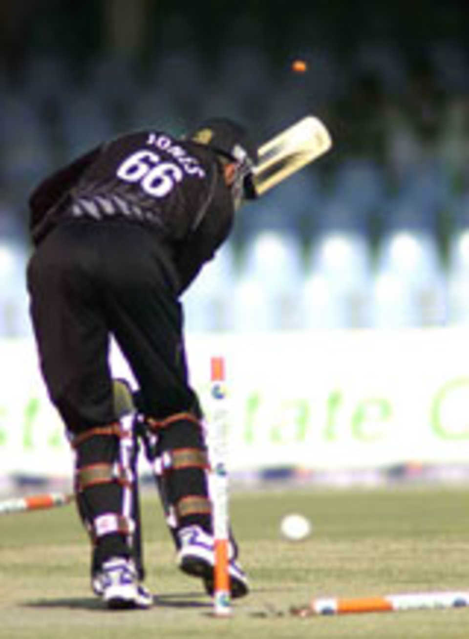Richard Jones has his stumps rattled, Pakistan v New Zealand, 1st ODI, Lahore, November 29, 2003.