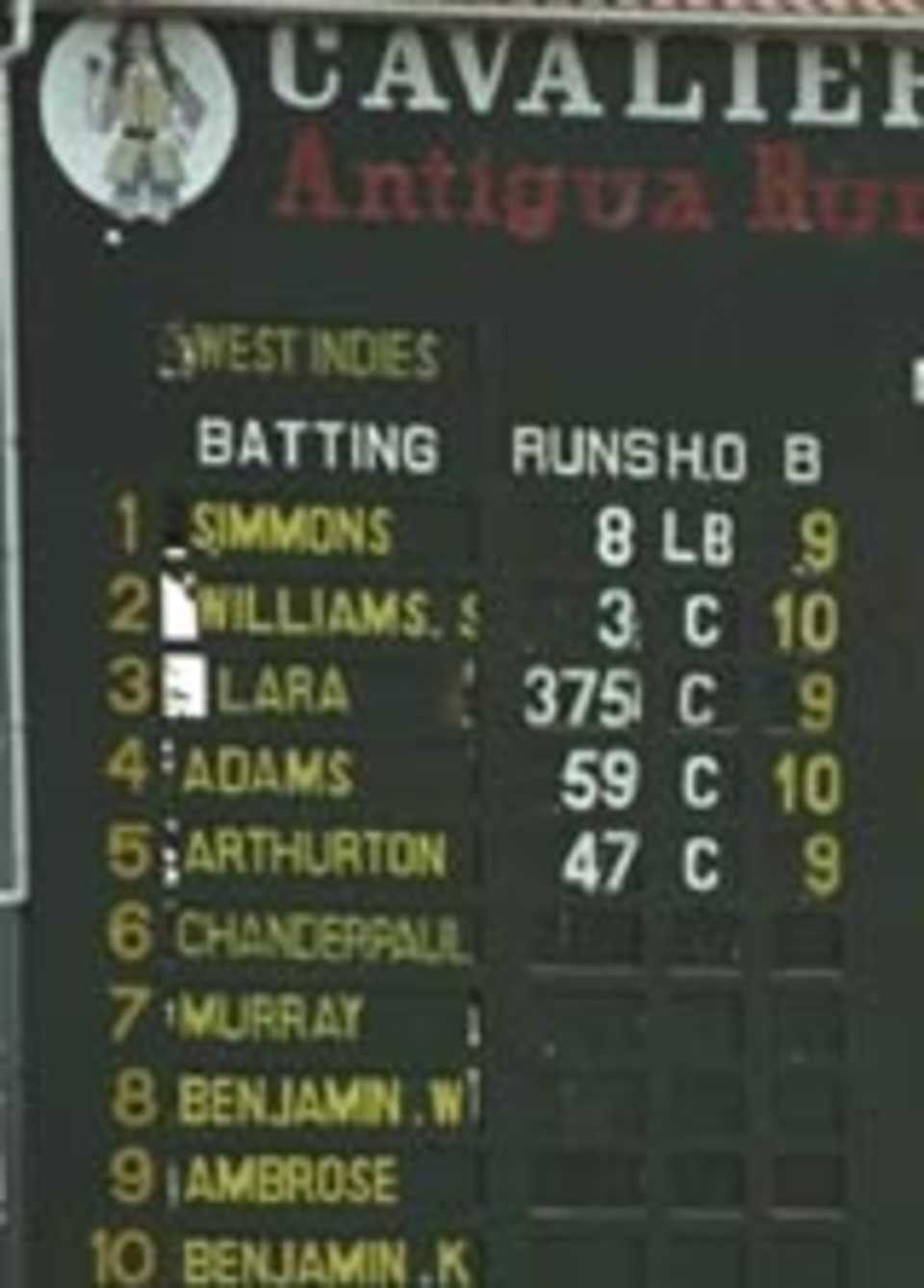 The scoreboard shows Brian Lara on 375