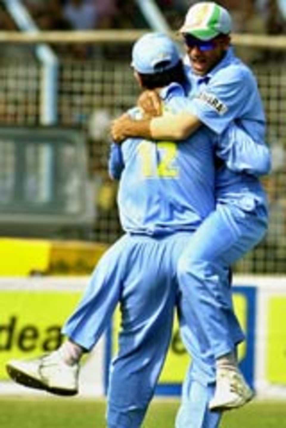 Mohammad Kaif and Yuvraj Singh embrace after Yuvraj's fantastic catch