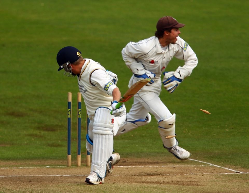 Three teams started an epic day with a chance of clinching the Championship but James Tredwells hat-trick scuppered Yorkshires hopes Gerard Brophy was one of the trio stumped by Geraint Jones