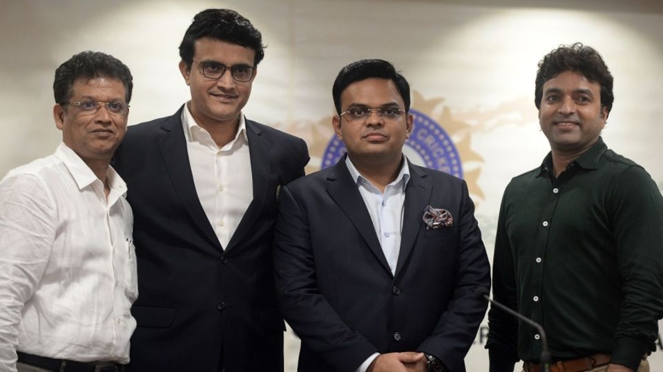 BCCI president Sourav Ganguly and other new BCCI office bearers -  joint-secretary Jayesh George (L), secretary Jay Shah (2R), and treasurer Arun Singh Dhumal - at the board's headquarters, Mumbai, October 23, 2019