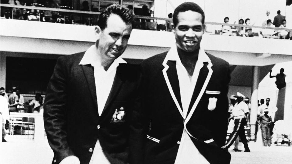 The two captains, Bob Simpson and Garry Sobers, walk out for the toss, West Indies v Australia, 1st Test, Kingston, 1st day, March 3, 1965