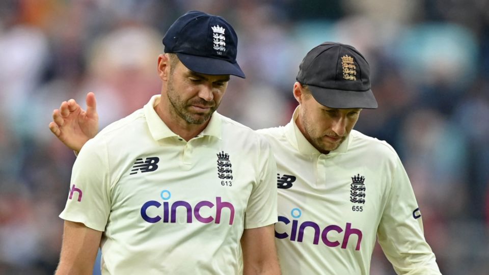 Joe Root and James Anderson walk off as players leave the field at The Oval, London, September 4, 2021