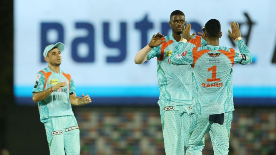 Jason Holder celebrates Sanju Samson's wicket, Lucknow Super Giants vs Rajasthan Royals, IPL 2022, Brabourne Stadium, Mumbai, May 15, 2022