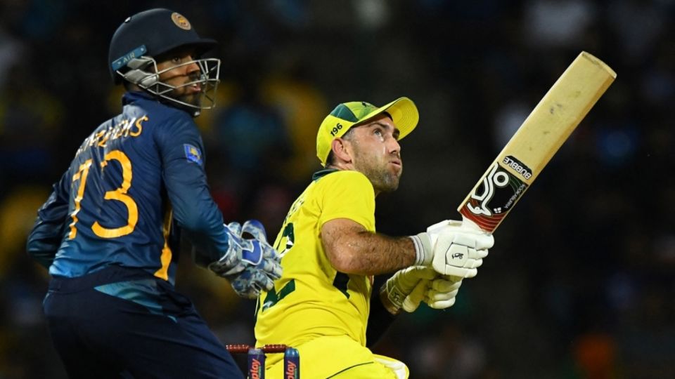 Glenn Maxwell watches a reverse-sweep soar into the night sky, Sri Lanka vs Australia, 1st ODI, Pallekele, June 14, 2022