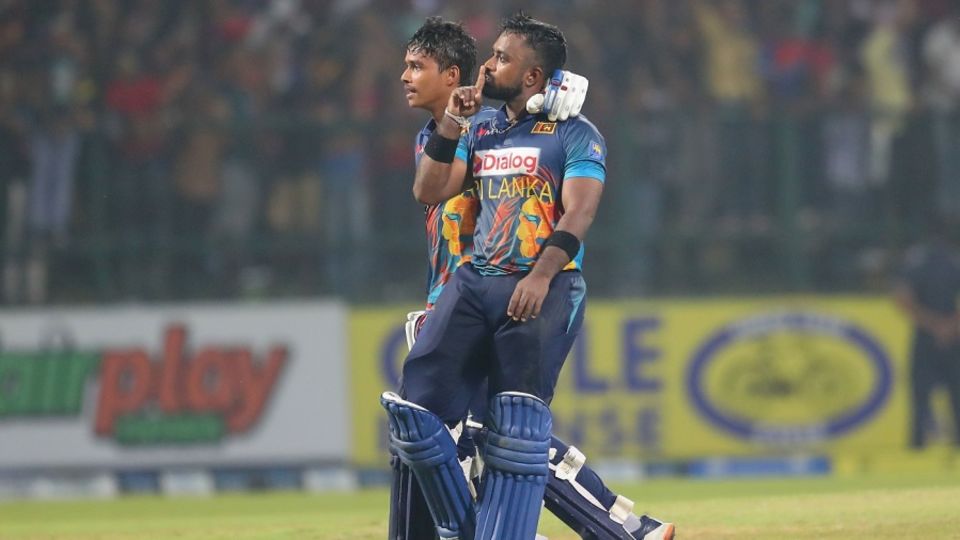 Charith Asalanka and Dunith Wellalage celebrate Sri Lanka's record-breaking chase, Sri Lanka vs Afghanistan, 3rd ODI, Pallekele, November 30, 2022