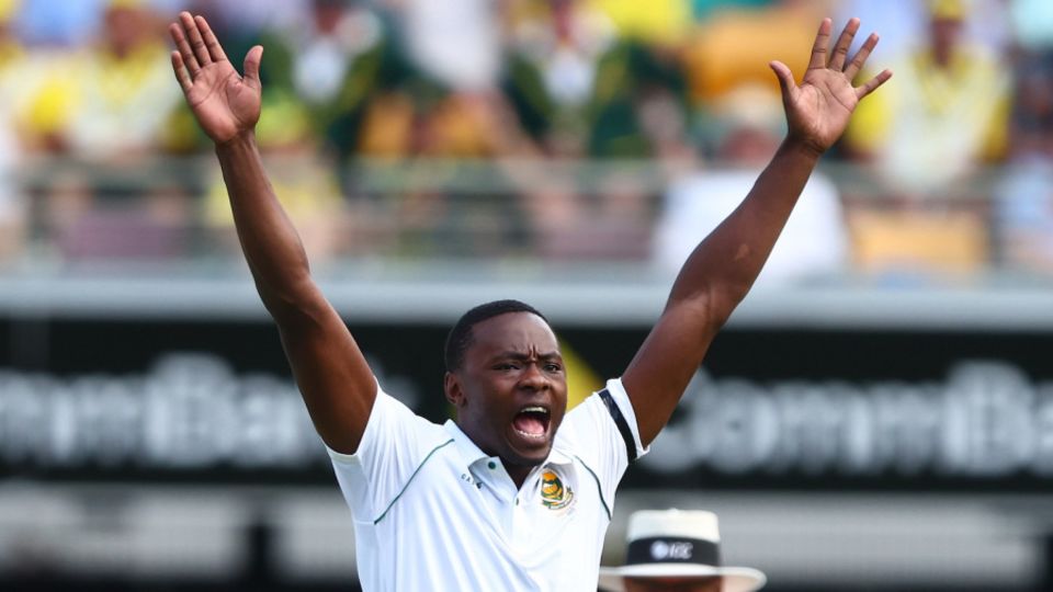 Kagiso Rabada goes up in celebration after dismissing David Warner, Australia v South Africa, 1st Test, Brisbane, 1st day, December 17, 2022
