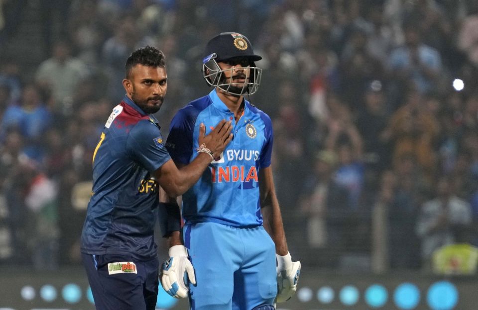 Game recognises game - Dasun Shanaka pats Axar Patel after a fantastic knock, India vs Sri Lanka, 2nd T20I, Pune, January 5, 2023