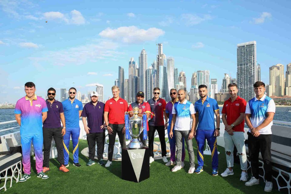 All set for the ILT20 - participating players pose with the trophy, Dubai, January 10, 2023