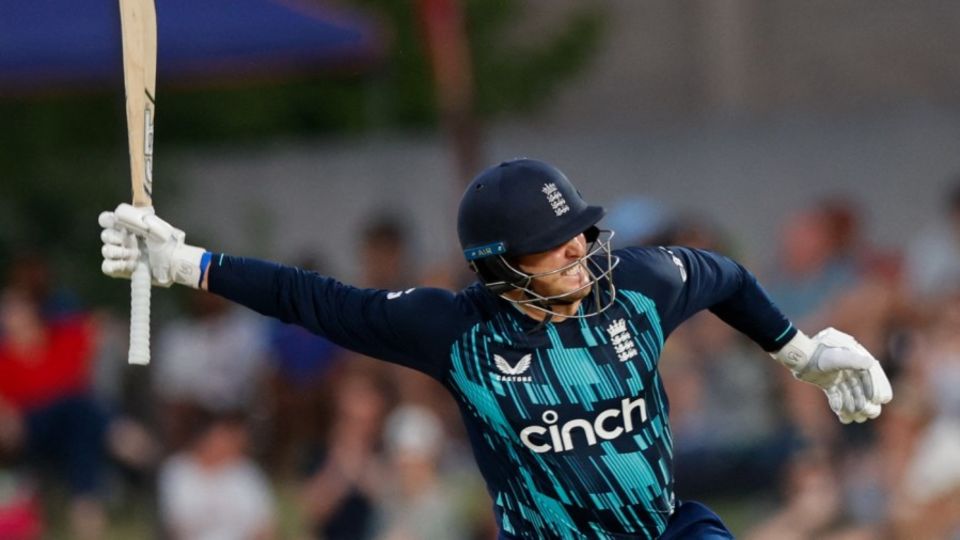 Jason Roy lets out a roar after reaching a 79-ball hundred