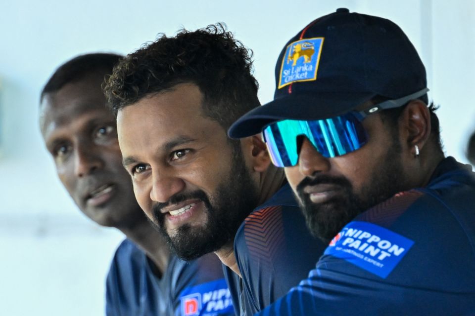 Angelo Mathews, Dimuth Karunaratne and Prabath Jayasuriya at a Sri Lanka training session at the SSC ahead of the second Test against Pakistan, Colombo, July 23, 2023