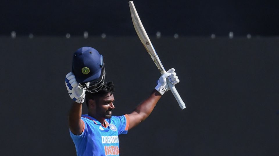 Sanju Samson celebrates his maiden ODI hundred