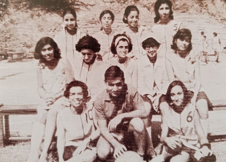 A young Shireen Kiash (seated in the middle row, second from right) with the Calcutta Parsee Club women's basketball team in 1968