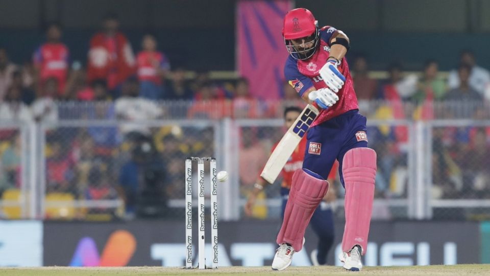 Riyan Parag gets on his toes to play the ball, Rajasthan Royals vs Punjab Kings, IPL 2024, Guwahati, May 15, 2024