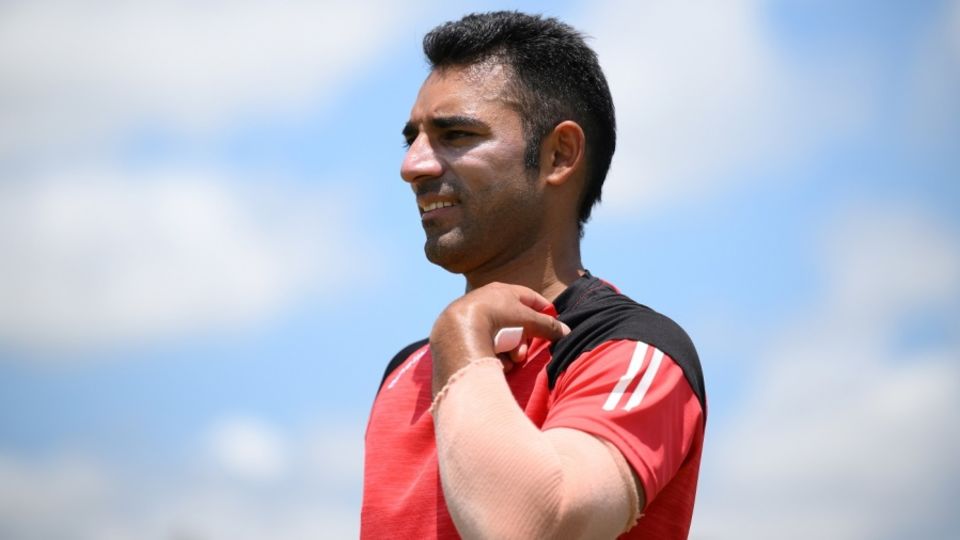 Canada captain Saad Bin Zafar gets ready to bowl during a training session on the eve of the team's opener, T20 World Cup 2024, Dallas, May 31, 2024 