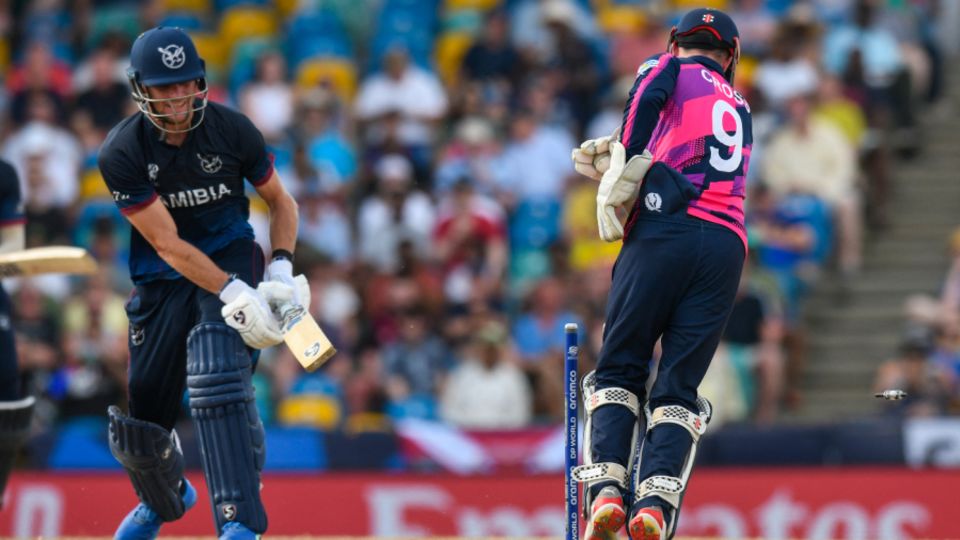 Gerhard Erasmus was stumped one ball after reaching his fifty, Namibia vs Scotland, T20 World Cup, Barbados, June 6, 2024