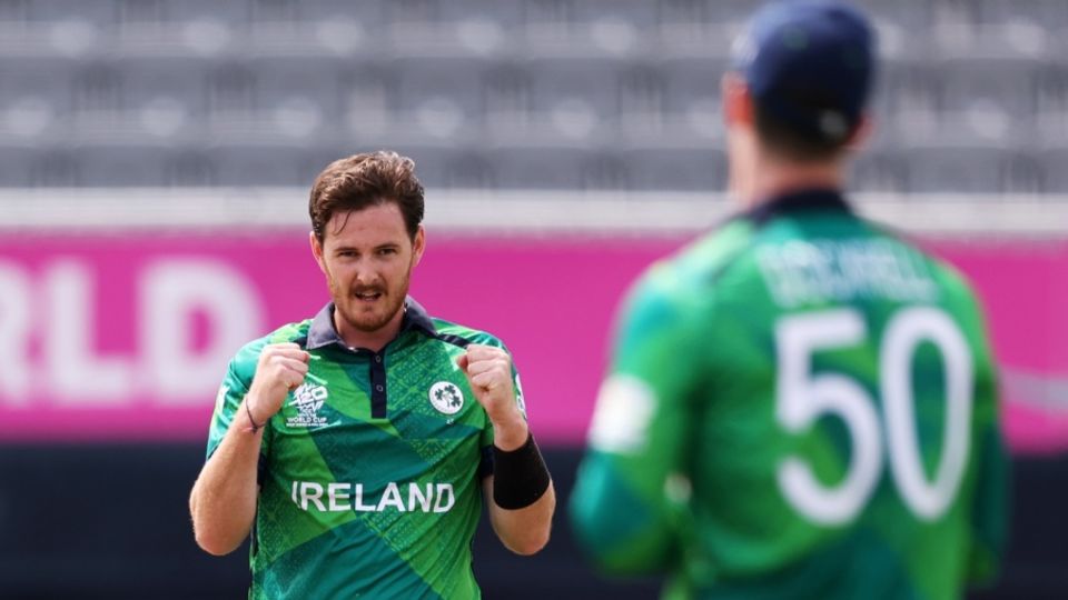 Mark Adair celebrates after dismissing Navneet Dhaliwal, Canada vs Ireland, T20 World Cup 2024, New York, June 7, 2024