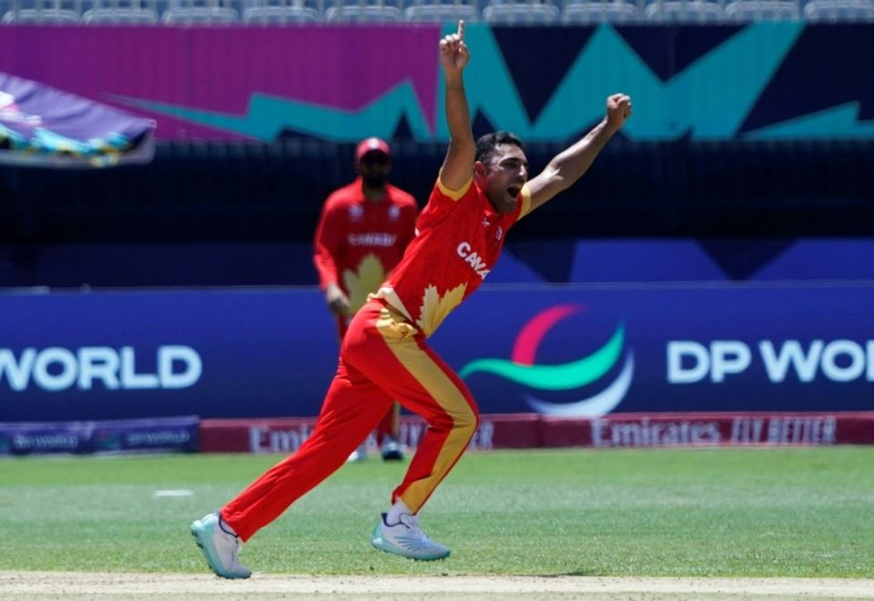 Saad Bin Zafar celebrates Harry Tector's wicket, Canada vs Ireland, T20 World Cup 2024, New York, June 7, 2024