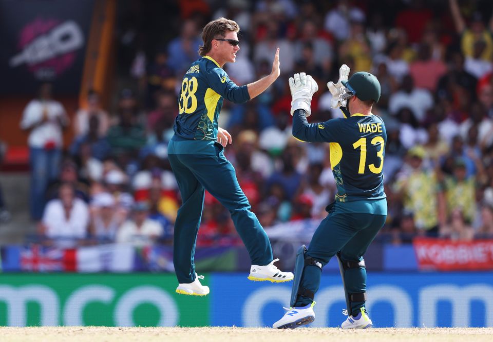 Adam Zampa celebrates the dismissal of Phil Salt, Australia vs England, T20 World Cup 2024, Bridgetown, June 8, 2024