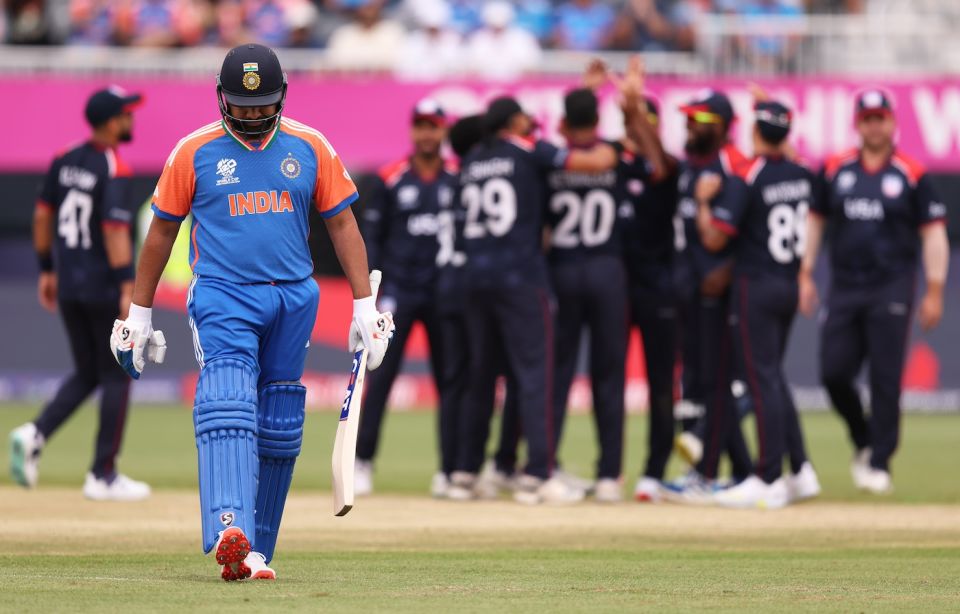 Rohit Sharma walks back after becoming Saurabh Netravalkar's second victim, USA vs India, T20 World Cup 2024, New York, June 12, 2024