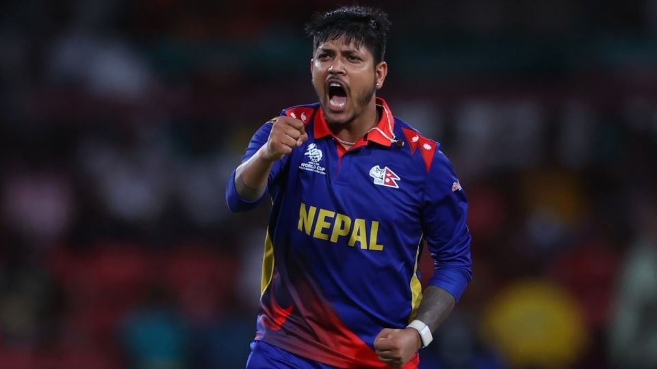 Sandeep Lamichhane is pumped up after dismissing Jaker Ali as his 100th T20I wicket, Bangladesh vs Nepal, T20 World Cup 2024, Kingstown, June 16, 2024