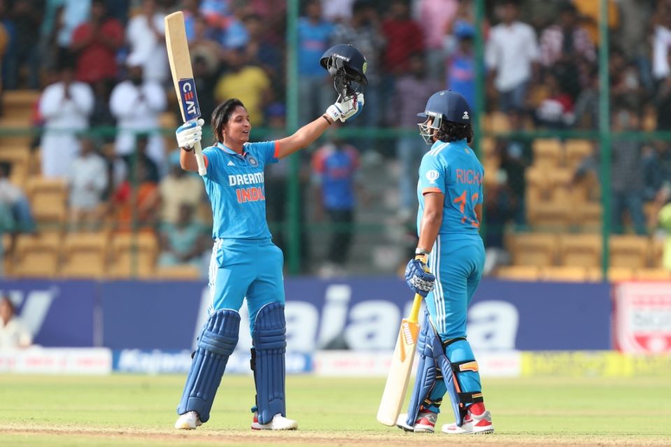 Harmanpreet Kaur celebrates her century with Richa Ghosh, India vs South Africa, 2nd women's ODI, Bengaluru, June 19, 2024
