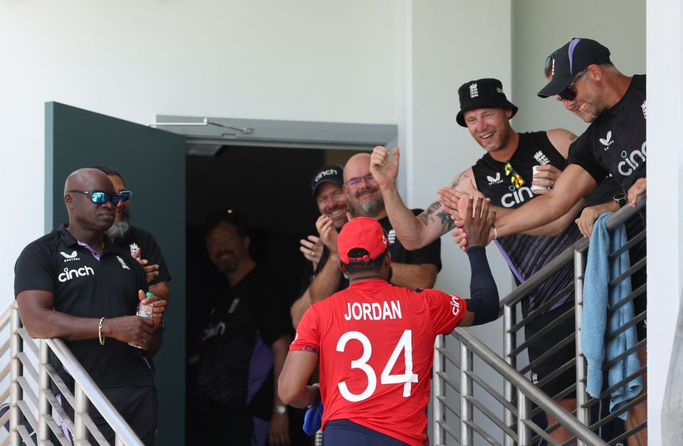 Chris Jordan is welcomed back into the dressing room after his four-wicket 19th over, England vs USA, T20 World Cup 2024, Super Eight, Bridgetown, Barbados, June 23, 2024