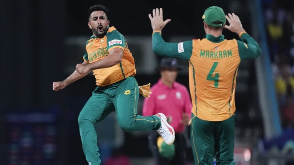 Tabraiz Shamsi celebrates a wicket with Aiden Markram, West Indies vs South Africa, T20 World Cup 2024, Super Eight, North Sound, June 23, 2024