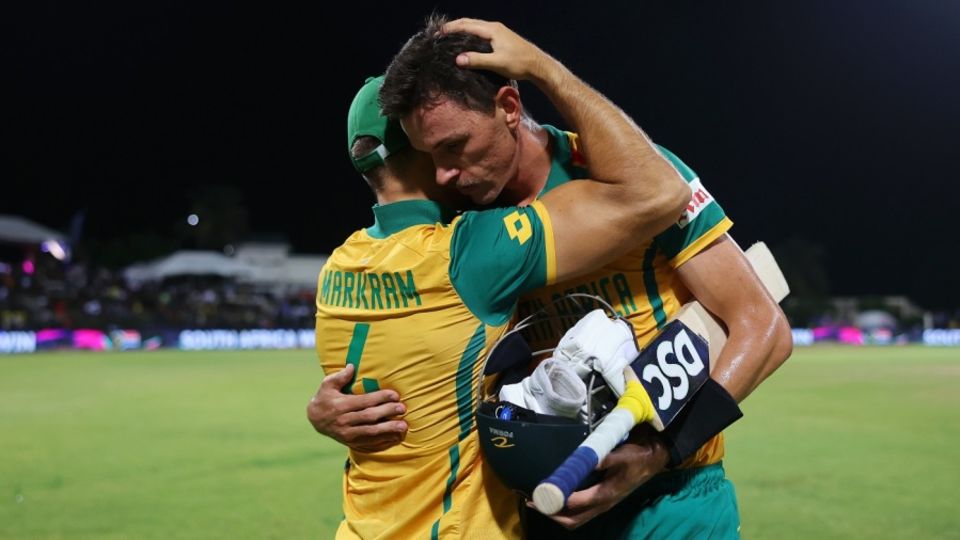 Aiden Markram and Marco Jansen embrace each other, West Indies vs South Africa, T20 World Cup 2024, Super Eight, North Sound, June 23, 2024