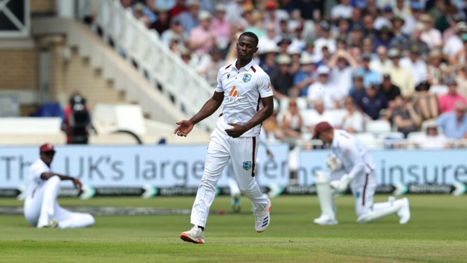 Shamar Joseph reacts to Jason Holder putting down Ollie Pope, England vs West Indies, 2nd Men's Test, Trent Bridge, 1st day, July 18, 2024