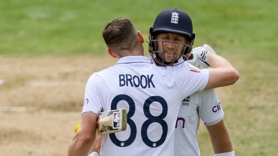Harry Brook is congratulated by Joe Root after his first century at home, England vs West Indies, 2nd Men's Test, Trent Bridge, 4th day, July 21, 2024