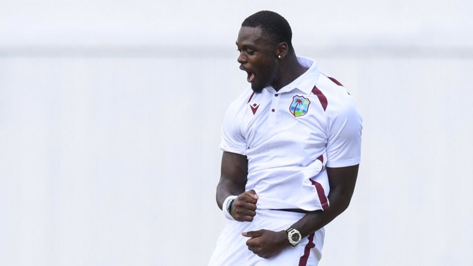 Jayden Seales celebrates after knocking Tony de Zorzi over, West Indies vs South Africa, 2nd Test, day 1, Providence, August 15, 2024