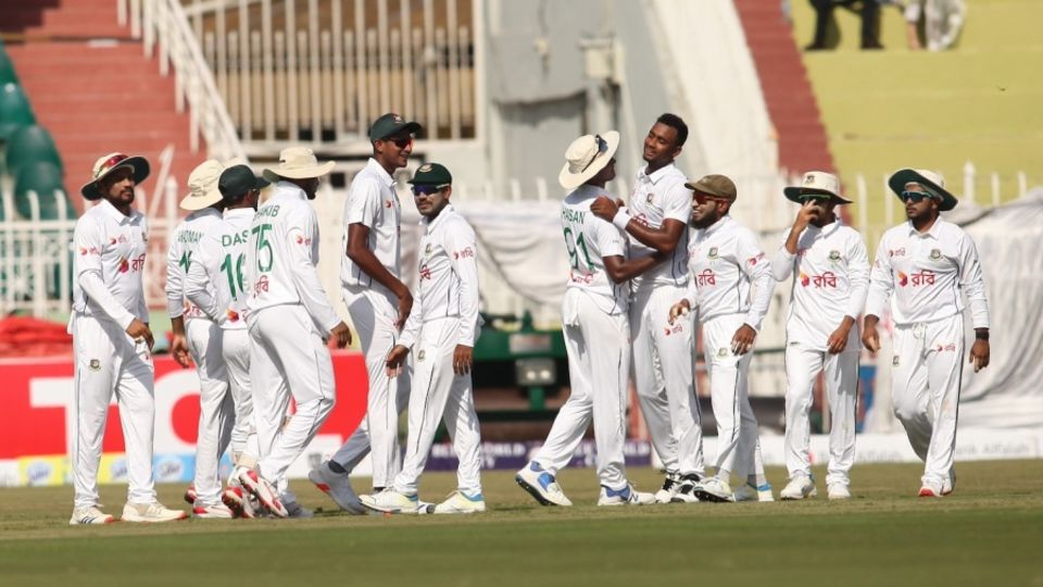 Shoriful Islam celebrates with Hasan Mahmud after getting rid of Babar Azam, Pakistan vs Bangladesh, 1st Test, Rawalpindi, 1st day, August 21, 2024