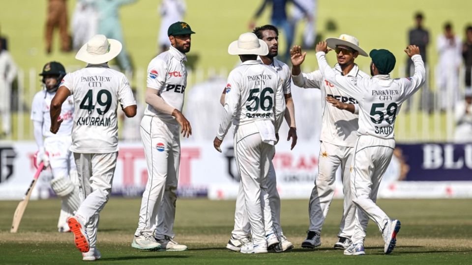 Pakistan players celebrate the dismissal of Shadman Islam, Pakistan v Bangladesh, 1st Test, Day 3, Rawalpindi, August 22, 2024