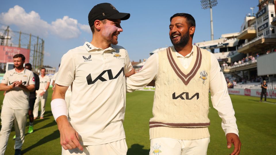 Rory Burns and Ryan Patel celebrate together, Surrey vs Durham, County Championship, The Oval, September 19, 2024